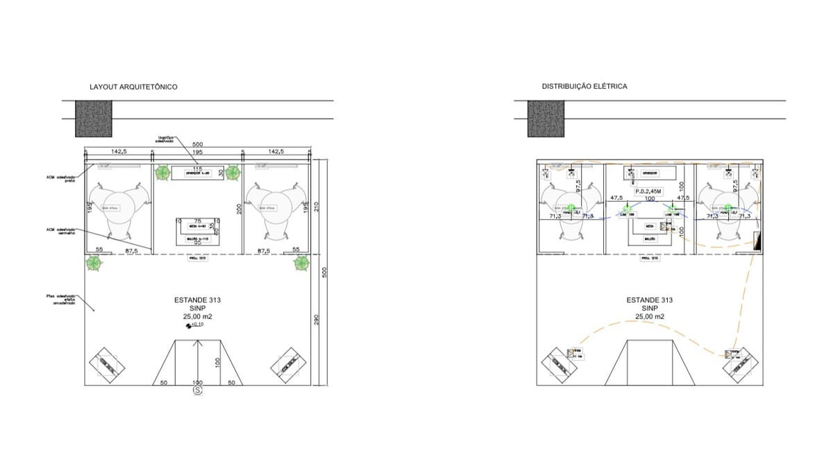 Planta técnica — Estande 313, 25,00 m²